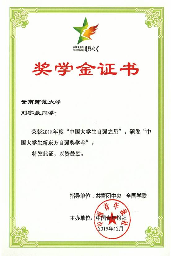 2018年度中国老员工自强之星新东方自强奖学金证书(刘宇晨)